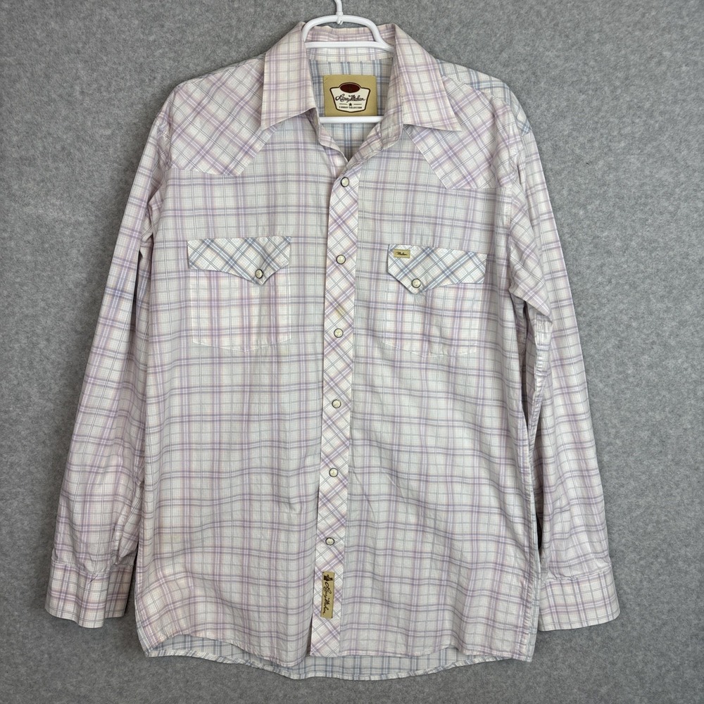 Larry Mahan Pearl Snap Western Shirt Mens L Pink Blue Piping Arrow Pockets